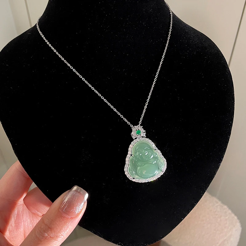 New in fresh green pendant Chinese style natural chalcedony Maitreya Buddha necklace women's light luxury collar chain jewelry