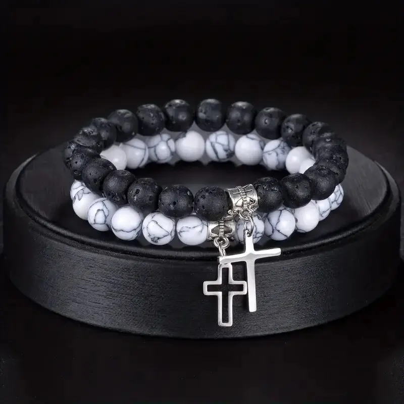 Niche Classic Design White Pine Matte Stone Magnet Love Gossip Cross Astronaut Beaded Bracelet Two-piece Sets