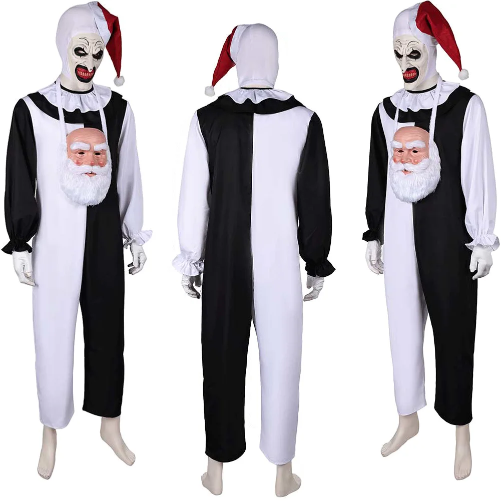 Art Clown Cosplay Jumpsuit Hat Mask Costume 2024 Movie Terrifier Roleplay Headgear Outfits Male Disguise Halloween Carnival Suit