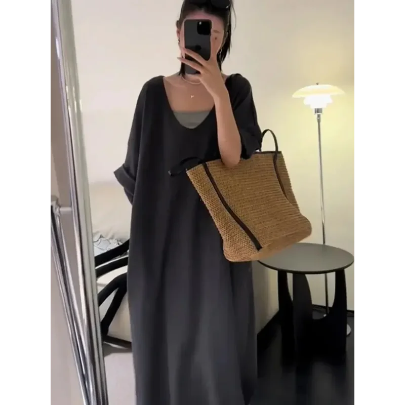 Lazy Style V-neck Patchwork Over-the-knee Loose Slimming T-shirt Dress