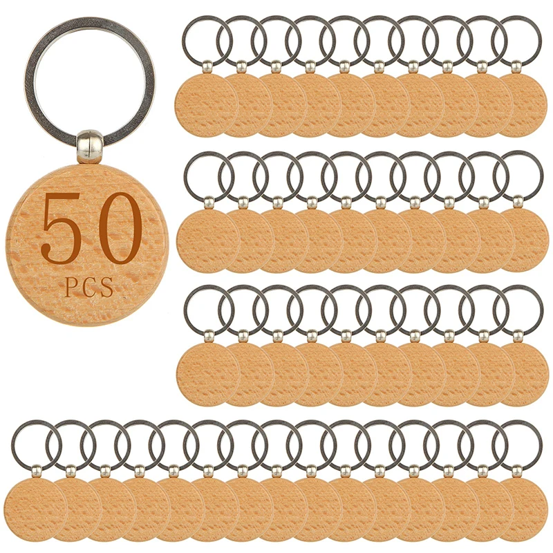 50Pcs Wood Blank Keychain Round Wood Key Chain Round Shaped Wooden Keychain for DIY Gift Craft Supplies