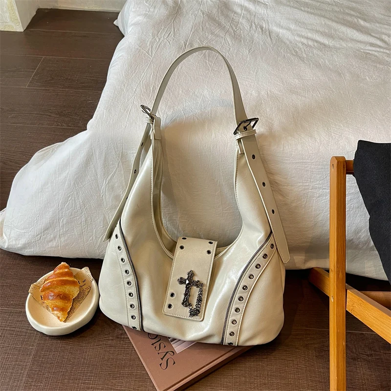 Y2K Retro Hasp Hobo Bags for Women Vintage Maillard Style Underarm Bag Punk Girl Daily Casual Crossbody Bags for Travel Shopping
