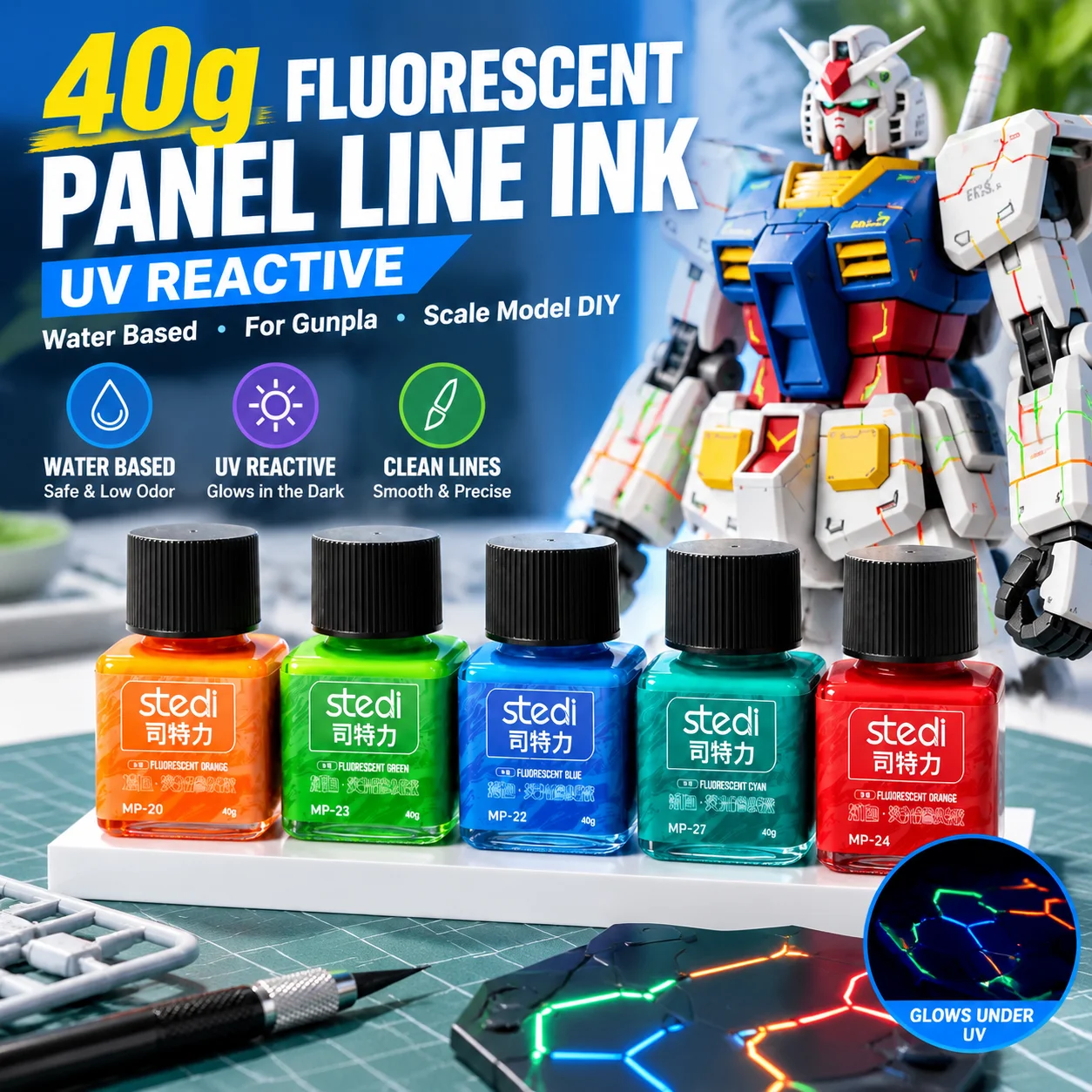 40g Water Based Fluorescent Panel Line Accent Ink UV Reactive for Gunpla Scale Model DIY