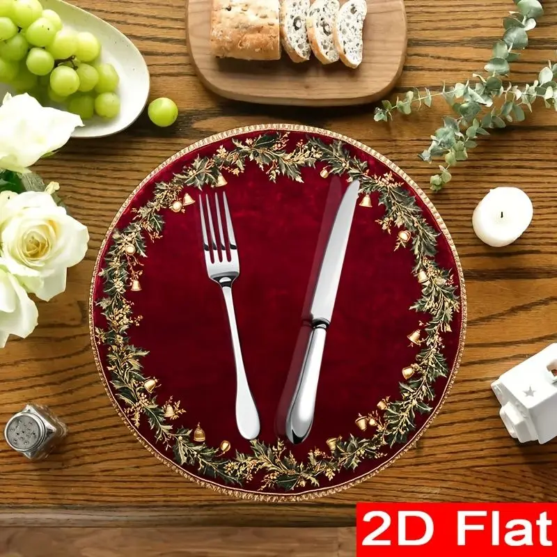 VIKAMA 2/4/6Pcs Round Christmas Placemats Burgundy Gold Holly Border Washable Heat‑Resistant Table Mats Dining Home Decor view 5