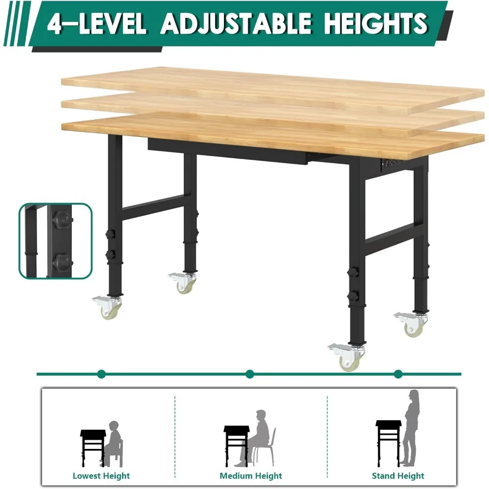 Banco de trabajo, banco de trabajo resistente de 60" con cajones, mesa de trabajo superior de madera maciza, capacidad de carga de 2500 libras con tomas de corriente y cajón