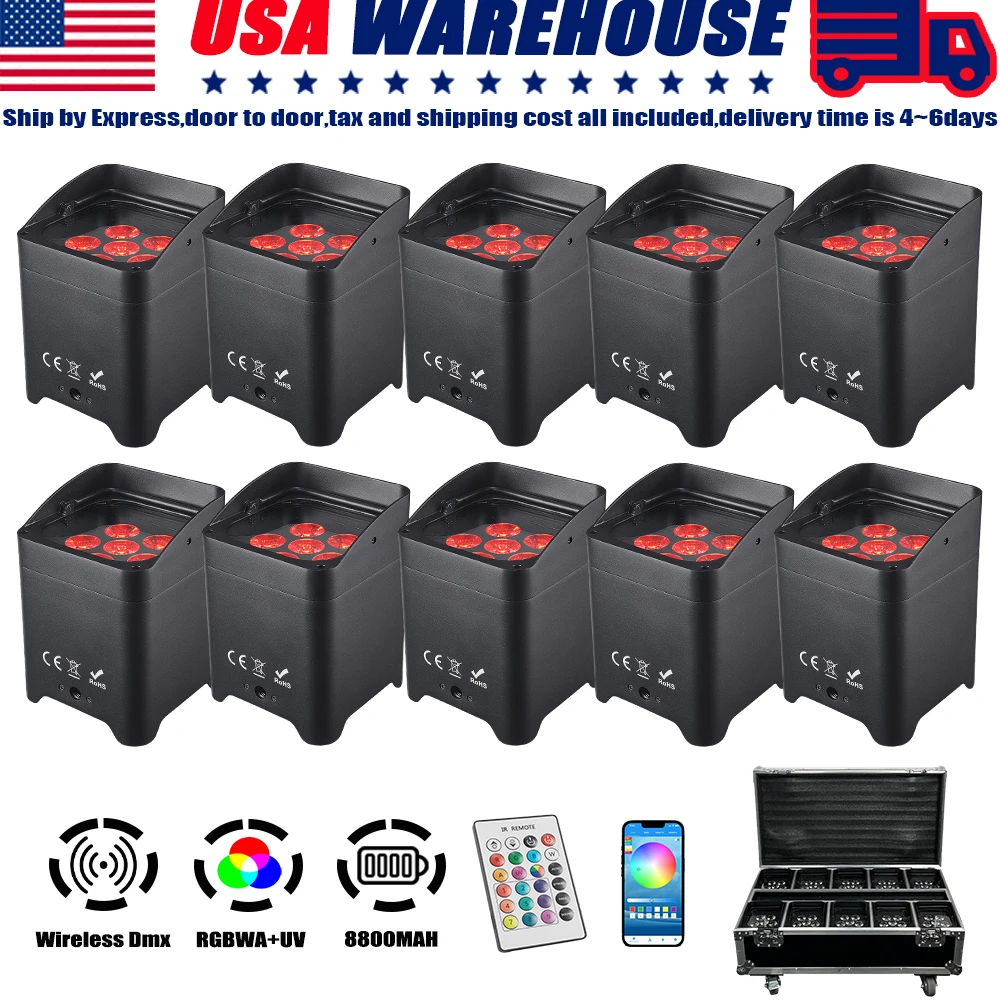US warehouse 10pcs Smartbat Uplighting DJ S6 6x18w Wireless DMX RGBWA UV Uplights Battery Operated LED Wedding Stage Up Light