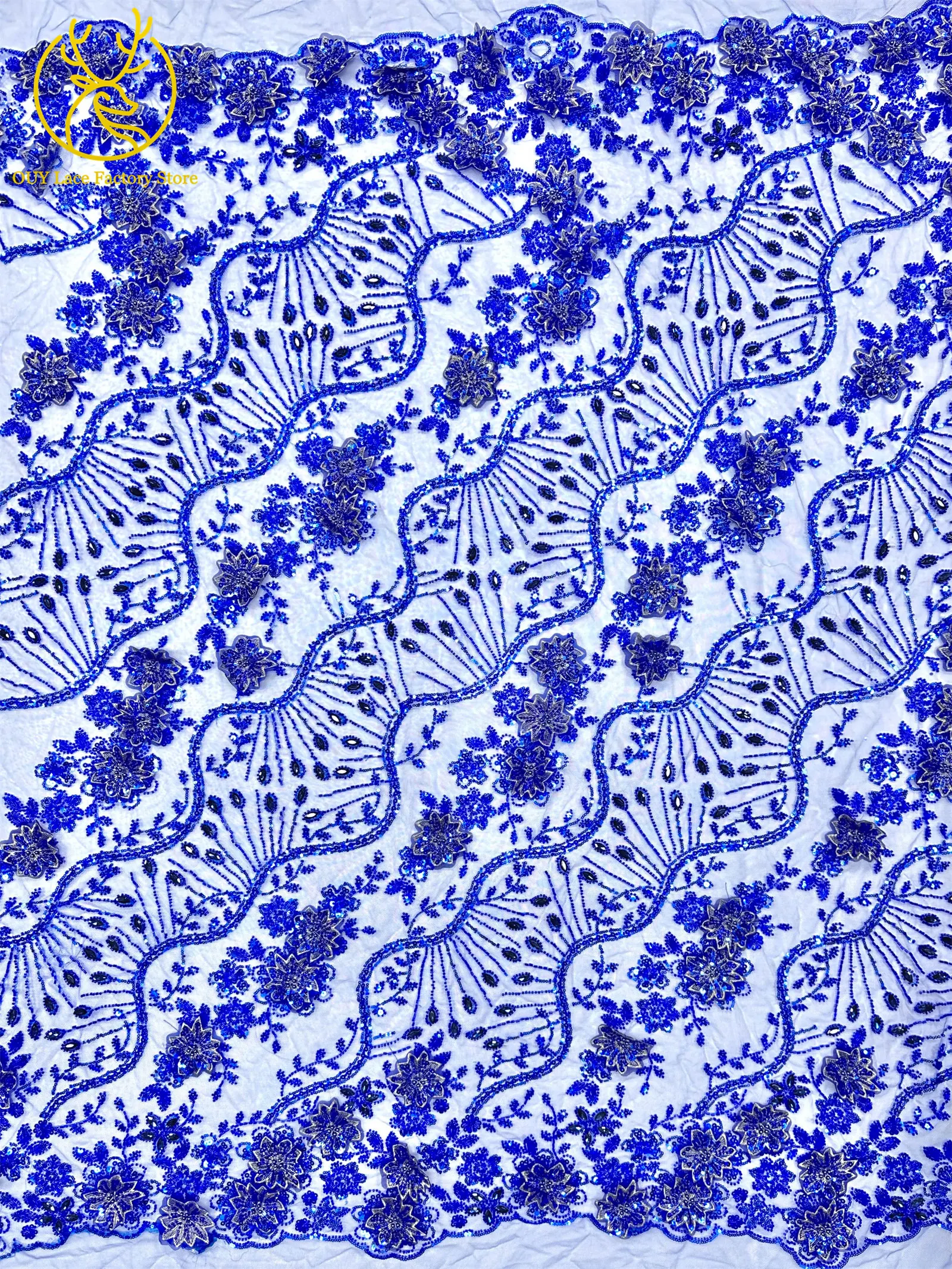 Luxuriöser königsblauer Hochzeits-Spitzenstoff, afrikanischer Perlen-Pailletten-Spitzenstoff, nigerianischer bestickter Mesh-Spitzenstoff für Hochzeitskleider – Detail 7