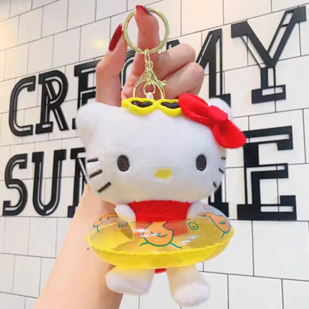 Anime saniro olá kitty anel de natação boneca de pelúcia chaveiro pingente dos desenhos animados kt gato kawaii praia estilo mochila decoração presentes