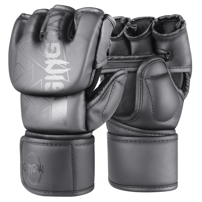 Black Half Finger Breathable Training Fierce Fighting Tiger Muay Thai Boxing Gloves Sanda Fight Boxe Thai Semi-finger MMA Gloves