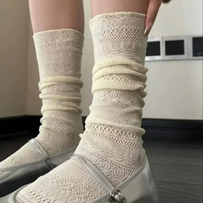 Kaus Kaki Tipis Lolita Renda Kaus Kaki Kru Kasual Berongga Modis untuk Wanita Kaus Kaki Jaring Jk Gaya Jepang Katun Lembut Sejuk untuk Wanita
