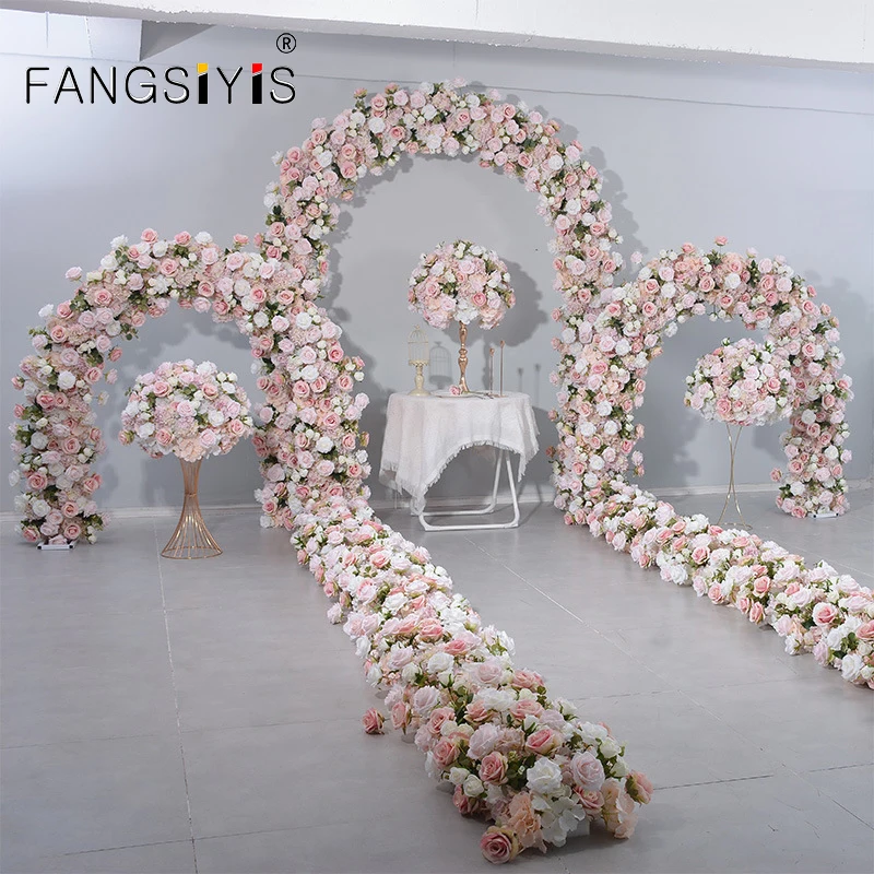 

Luxury Pink Rose White Greenery Flower Row Runner Wedding Arch Decor Floral Arangement With Frame Flower Stand Event Decor Prop