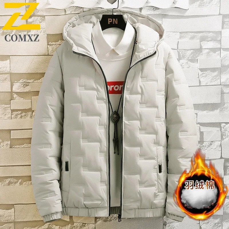 COMXZ 2025 Mens Korean Slim Hooded Thickened Cotton Winter Jacket Warm Tactics Waterproof and Windproof Outdoor Workweer Coat