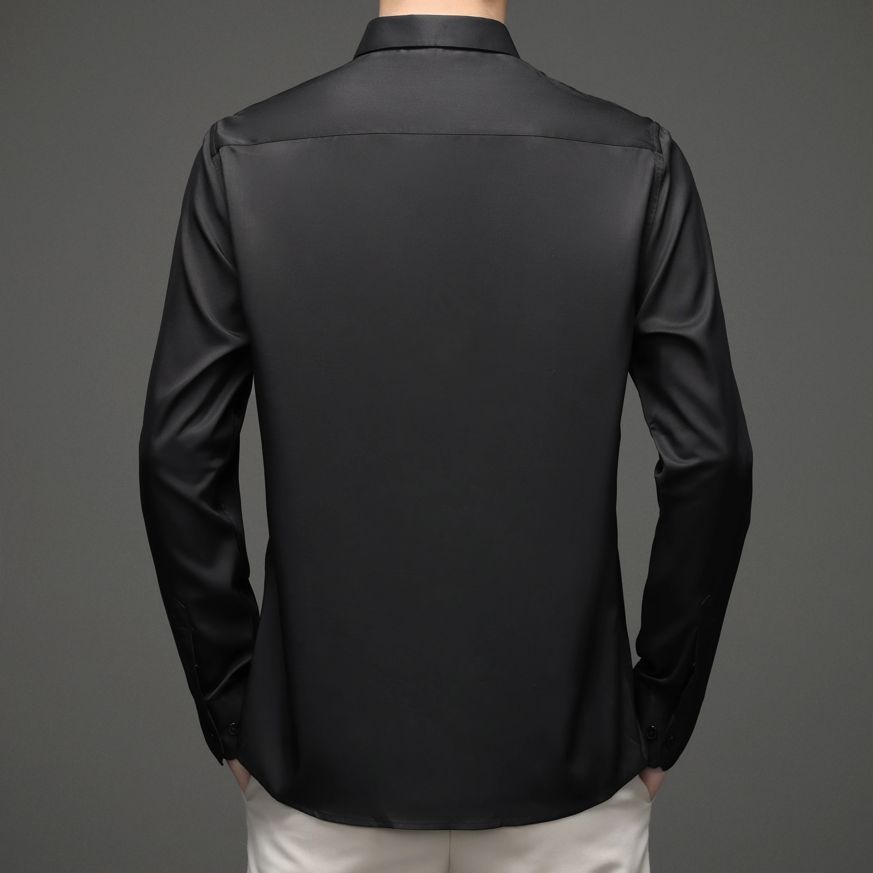 Men's Long-sleeved Shirt Solid Color Silky Draped Cool Slim-fit Muscle Top Dress Non-ironing Stretch