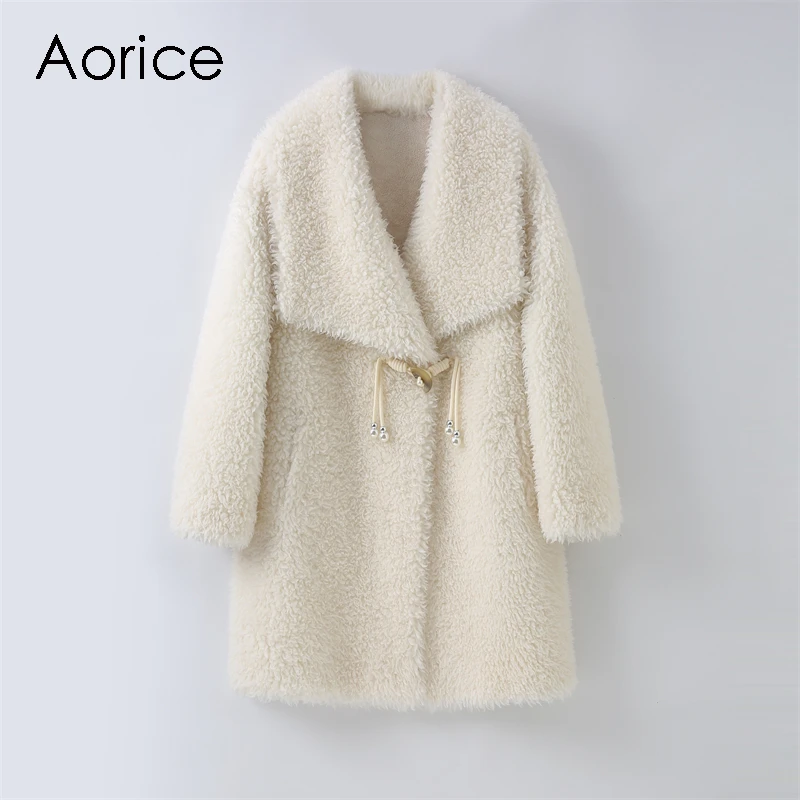 

2023 New Women's Sheep Shearling Winter Long Coat Female Lady Wool Fur Polyester Lining Warm Parka H2391