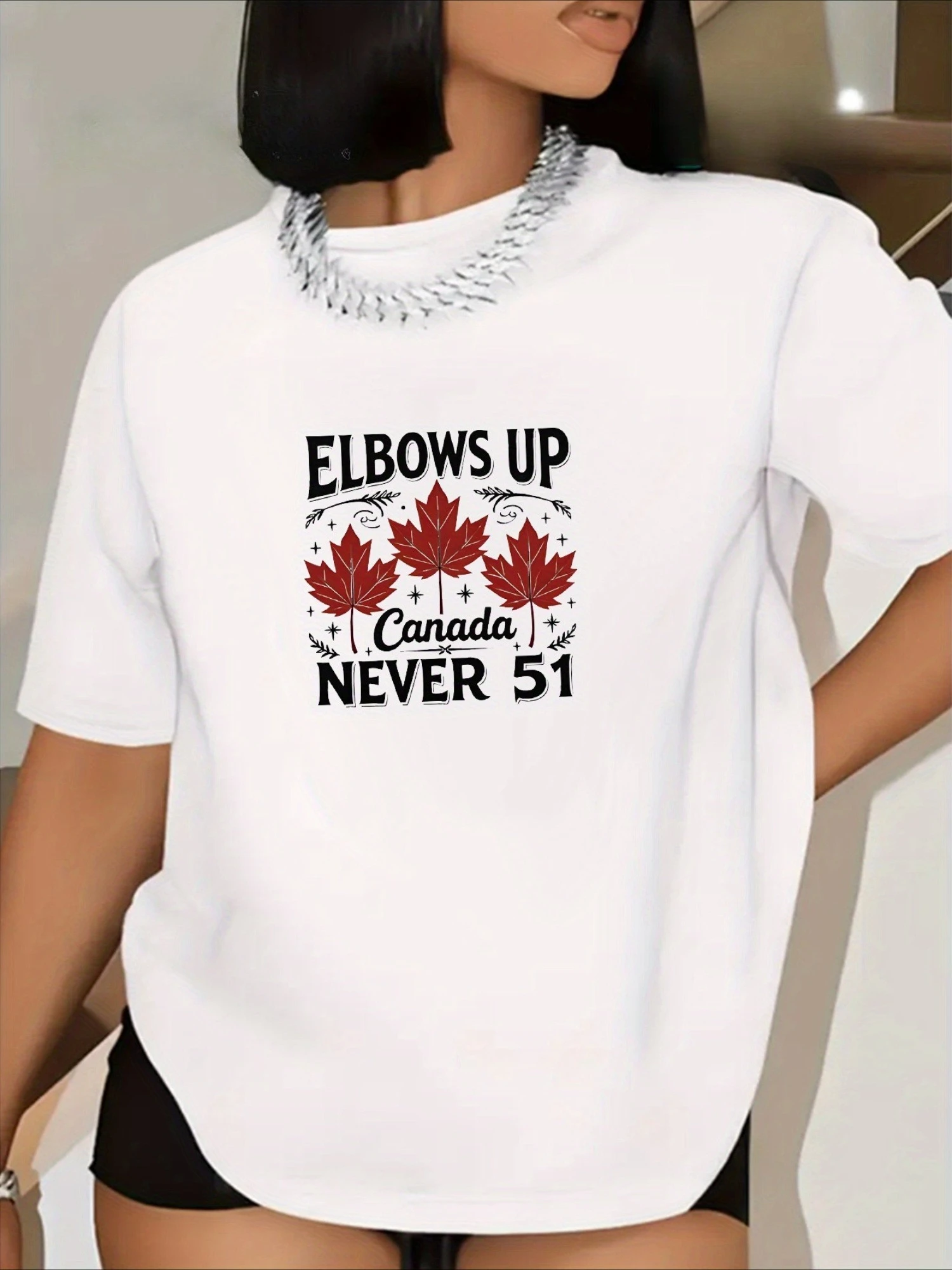 تي شيرت أسود بأكمام قصيرة مطبوع كاجوال متعدد الاستخدامات بنمط أوراق القيقب مطبوع عليه حروف كاجوال ملابس منزلية غير رسمية #2