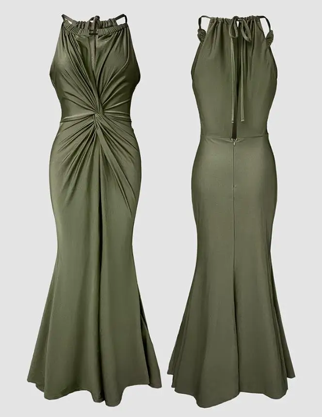 女性のサテンノースリーブ中空ツイストフロントイブニングドレス気質女性ネクタイディテールバックレスジッパーバックマーメイドドレス