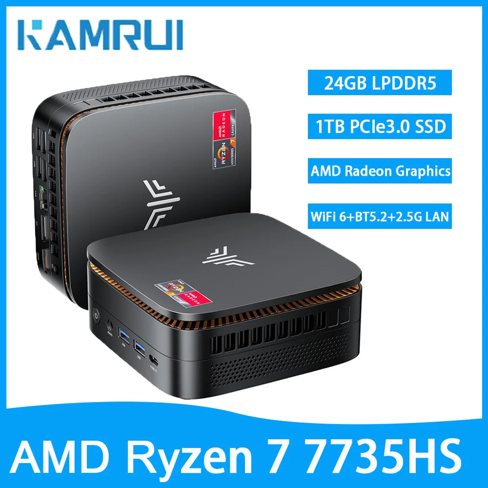 Mini PC da Gaming AMD Ryzen7 7735HS 24GB LPDDR5 5500MT/s 1TB SSD PCIe3.0 Max 4.7GHz WiFi6 2.5GLAN 4K Radeon Mini Desktop PC per Gamer