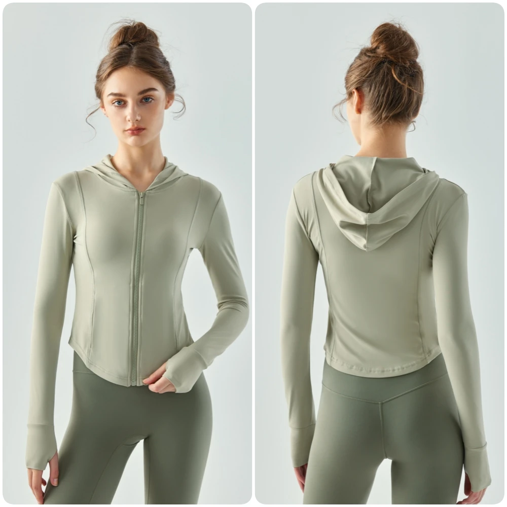 

Emily Autumn Winter New Sports Coat Women Waist Zipper Hooded Sportswear Long Sleeve Yoga Suit Running Top Tight Fitness Suit