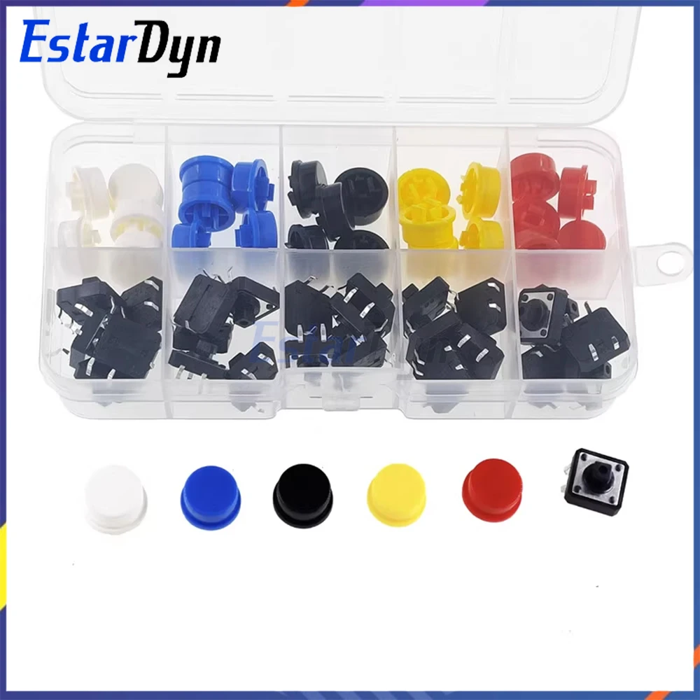 25PCS Tactile Push Button Switch Kit, 12x12mm Momentary Micro Switch with Assorted Color Caps for Arduino Raspberry Pi DIY