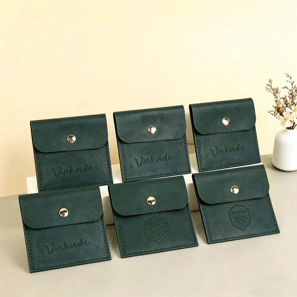 

50/100pcs 8x8cm Personalized Logo Green PU Leather Jewelry Bag Earrings Ring Keychain Brooch Gift Packaging Storage Snap Pouch