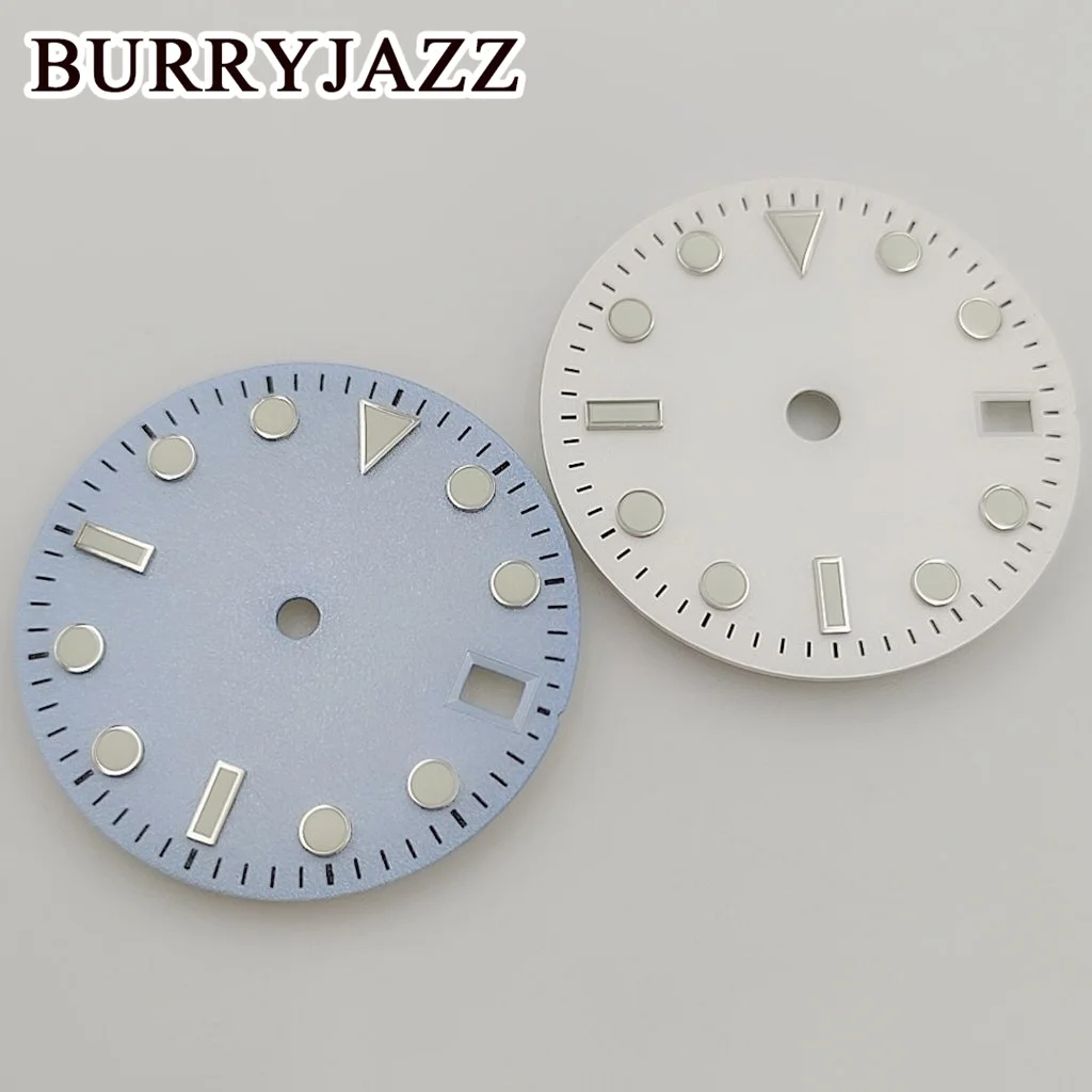 BURRYJAZZ 28.5mm No Logo NH35 Watch Dials Green Blue White Dial Green Luminous Fit 3 O'clock 3.8 O'clock Case Crown