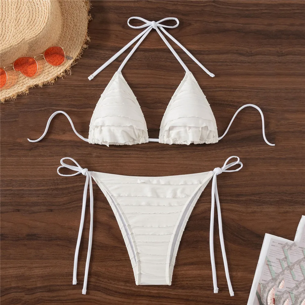 솔리드 화이트 러플 프릴 수영복 섹시 홀터 스트링 트라이앵글 비키니 세트 마이크로  Thong 수영복 여성 2025 비치웨어 비키니