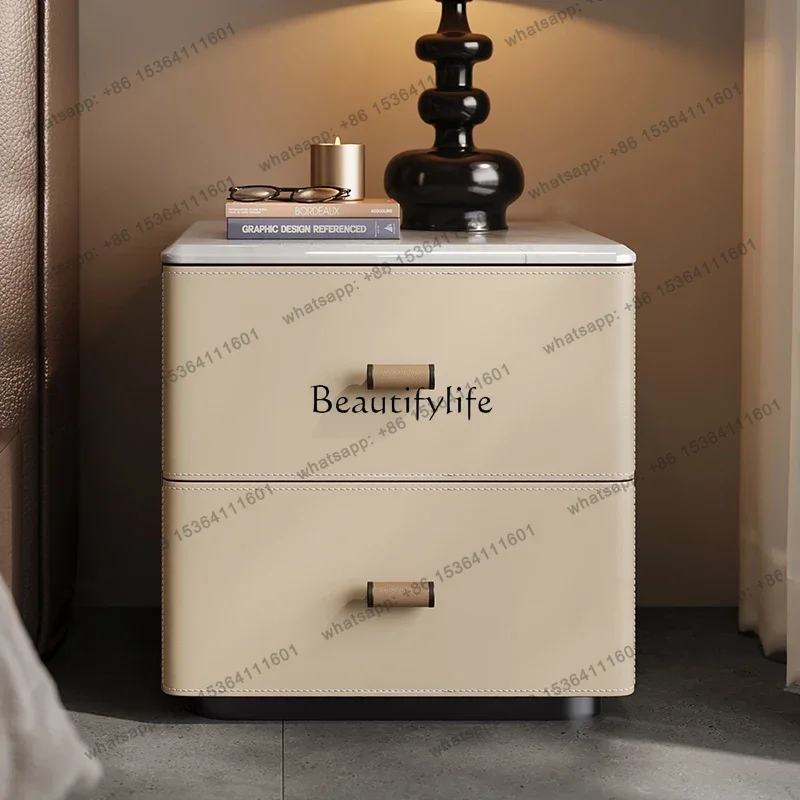 Factory DirectNatural marble ultra-narrow bedside table Modern solid wood saddle leather bedside cabinet