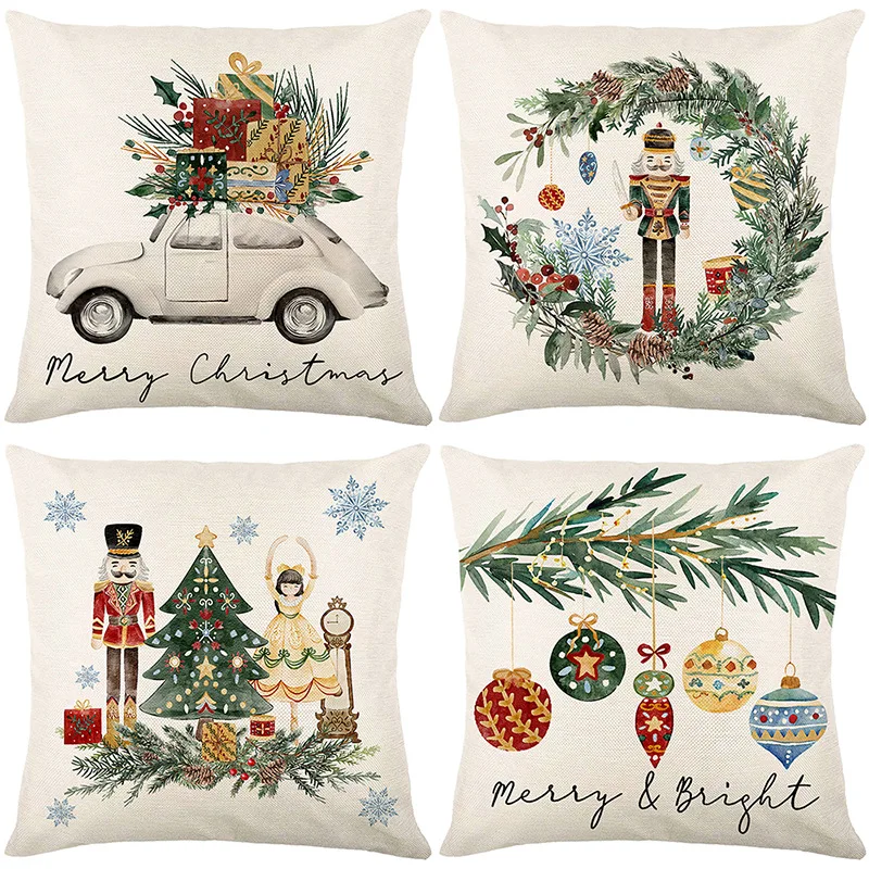 Christmas Linen Throw Pillows 4pcs 45x45cm, Suitable for Sofas,bedrooms,cars,and Home Holiday Decorations (without Inner Lining)