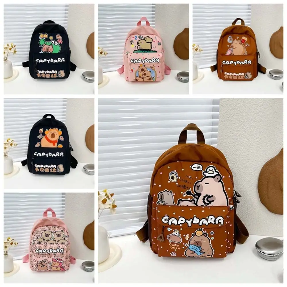 

Thickened Capybara Backpack Wide Straps Nylon Cartoon Animal Daypack Multi Functional Foldable Large Capacity School Bag