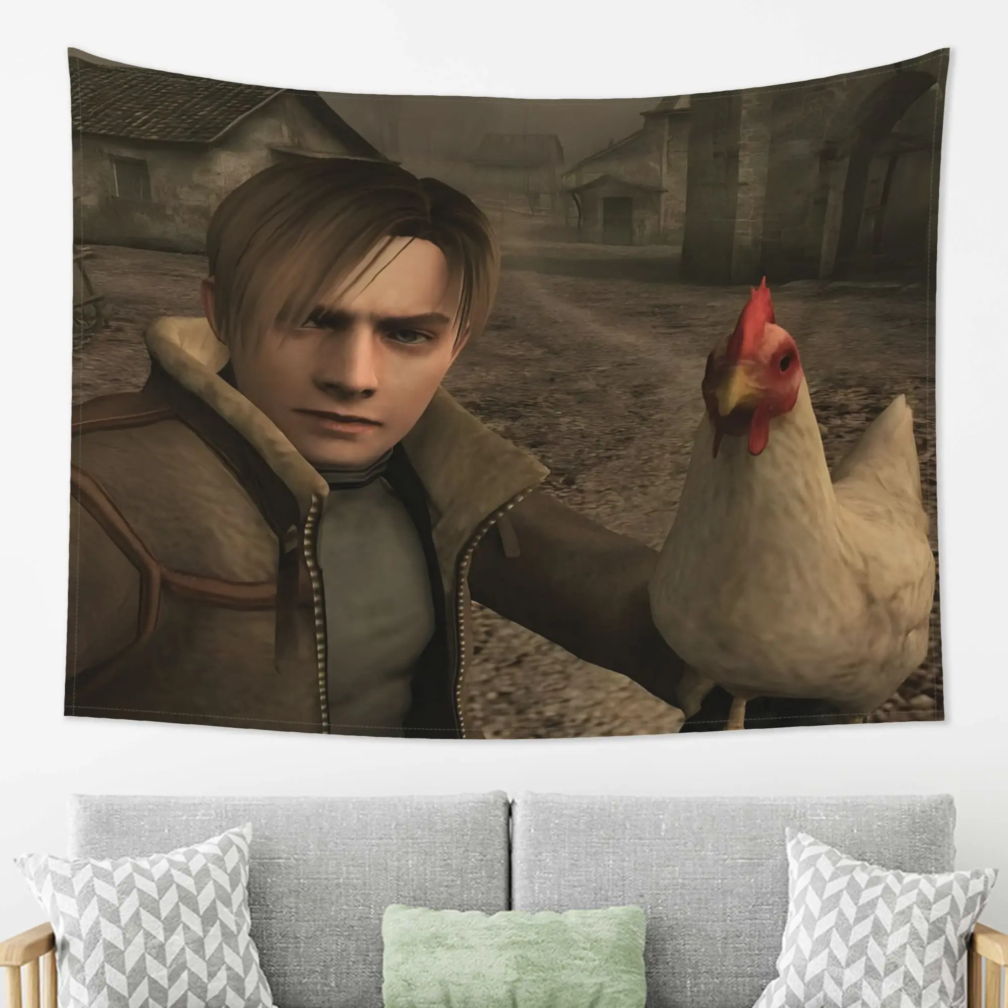 1 Stück lustiger L-Leon K-Kennedy Chicken Meme Wandteppich für Schlafzimmer, Wohnheim, Gaming-Raum, Dekoration, Raumdekorationsartikel, großer Wandteppich
