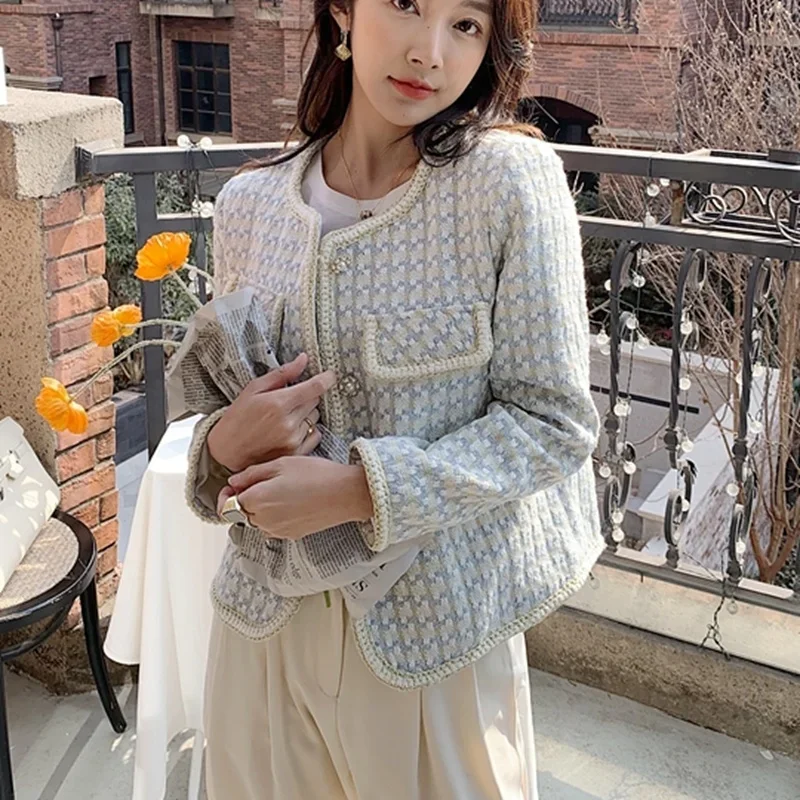 High Quality French Vintage Small Fragrance Tweed Jacket Coat Women\'s Spring Autumn Casual Fried Street Short Coat Plaid Outwear