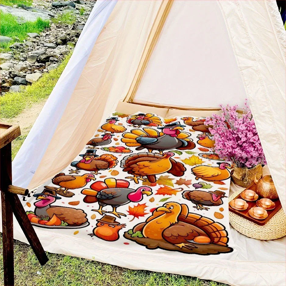 Turkey Thanksgiving Blanket Autumn Theme Cartoon Design Soft Fleece Throw Home Decor Gift Idea Festive Seasonal Cozy Warmth