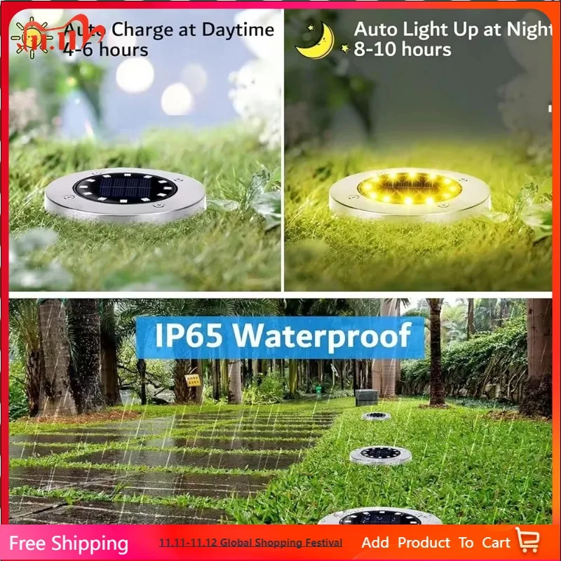 

12LED 4 Pack Stainless Steel Solar Garden Lights Solar Floor Plug Lights, Waterproof Outdoor Flat Lights for Patio Walkways