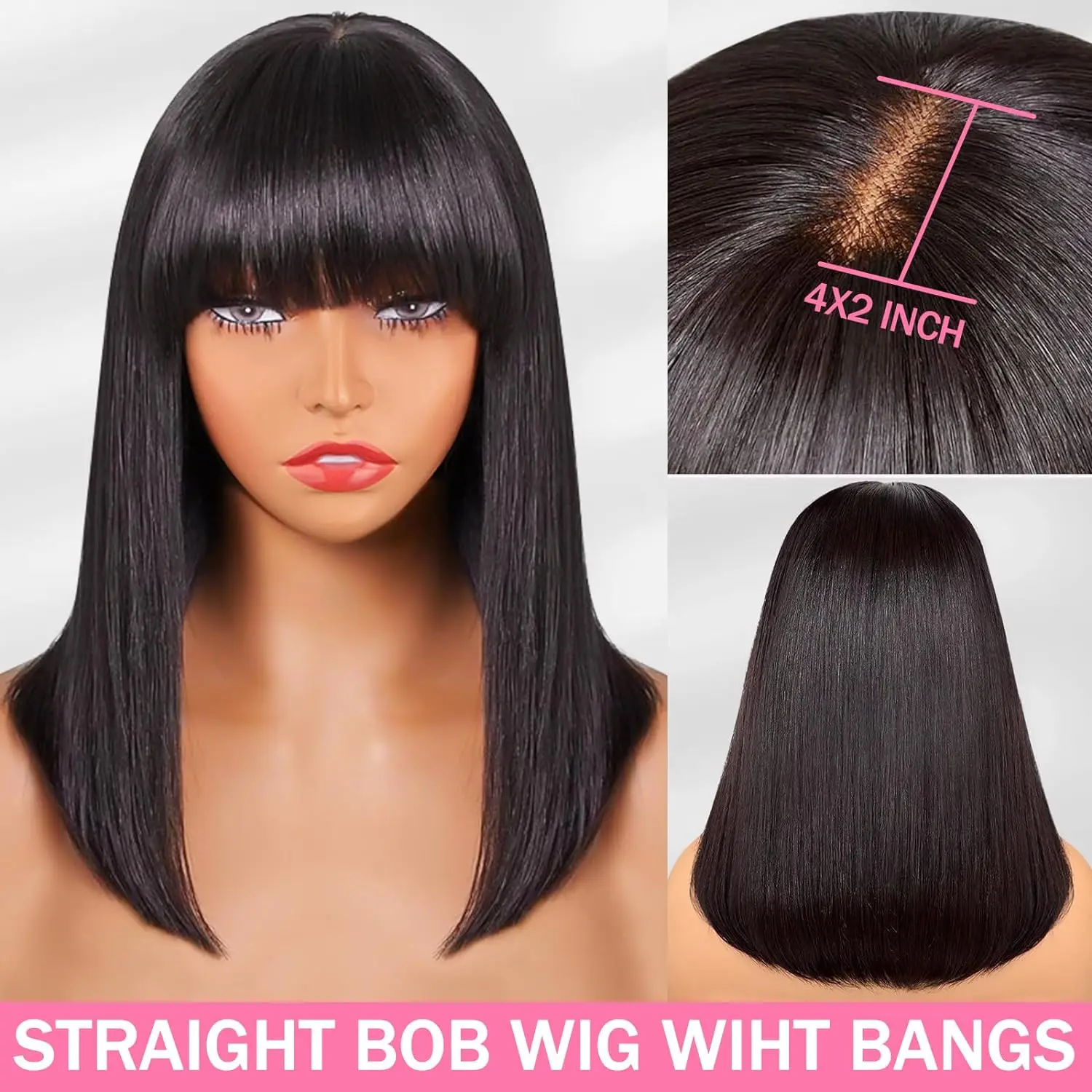 Straight Short Human Hair Wigs With Bangs Brazilian Top 2X4 Lace Front Wig Cheap Bob Wigs For Women 180% Density Natural Color