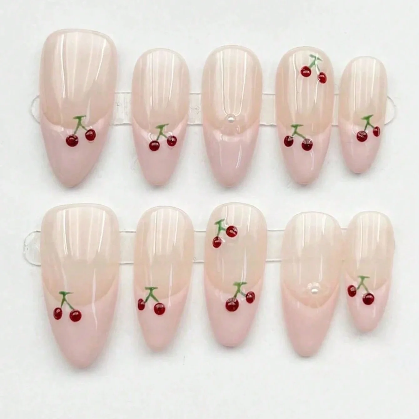 10pcs Medium Almond Nude Pink Hand-painted Cherry Press On Nails, Gift For Women, DIY Nail Art, Fake Nails, Handmade Nail Set