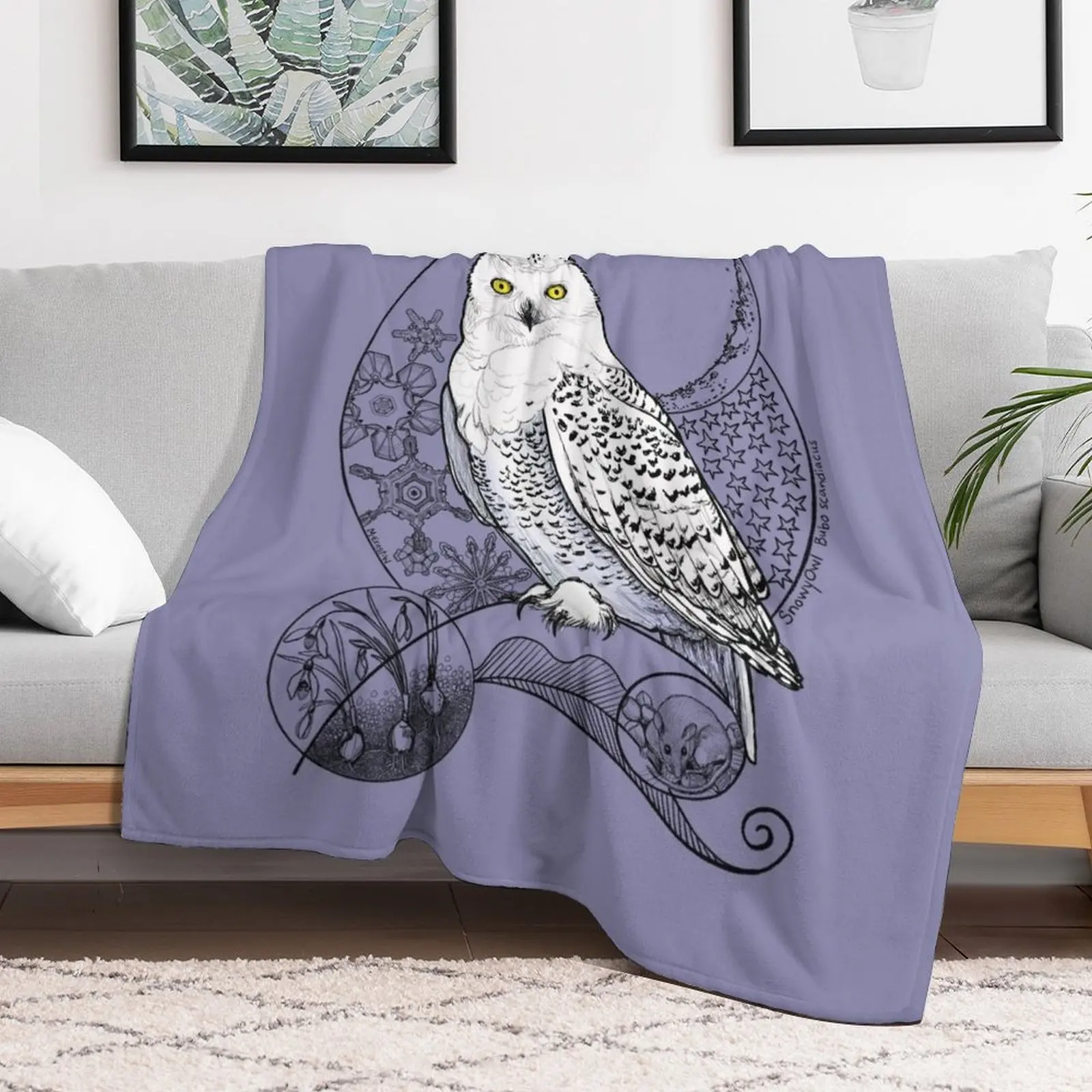 Snowy Owl Doodle in a wintery scene Throw Blanket Soft Quilt Soft Plaid Blankets