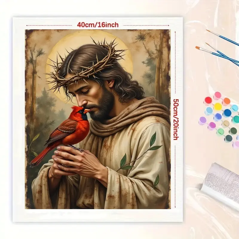 Vintage Religious Canvas Painting By Numbers Jesus with Crown of Thorns Holding Red Cardinal Bird, Faith Spiritual Wall Decor