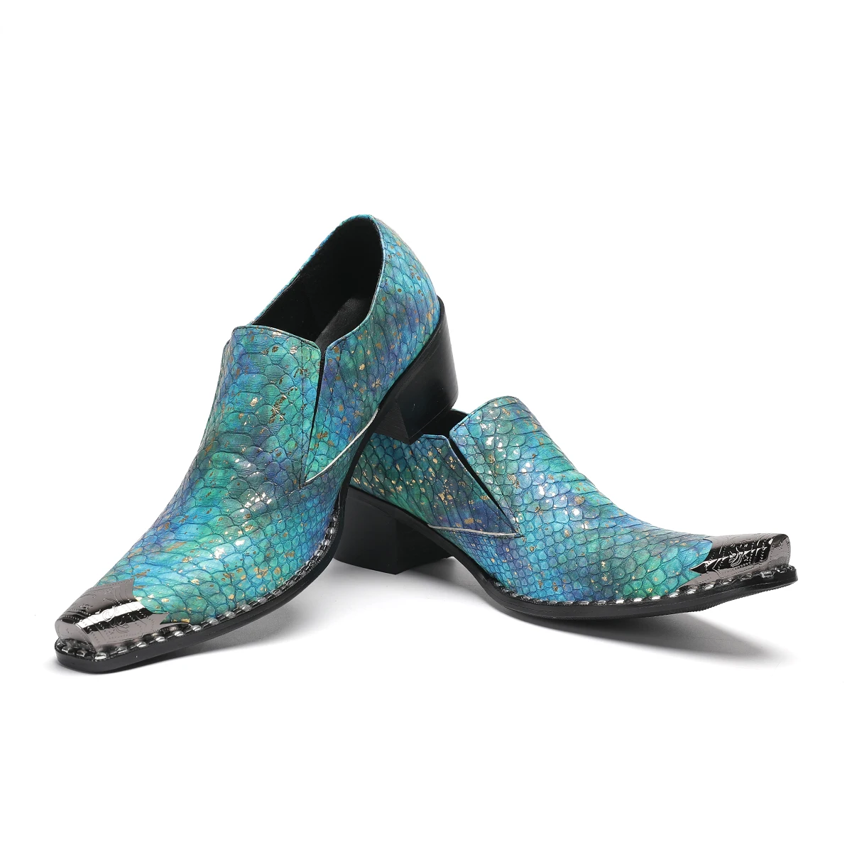 

Designer Blue Genuine Leather Men Shoes Plus Size Metal Pointed Toe Business Office Formal Shoes Male Club Party Dress Shoes