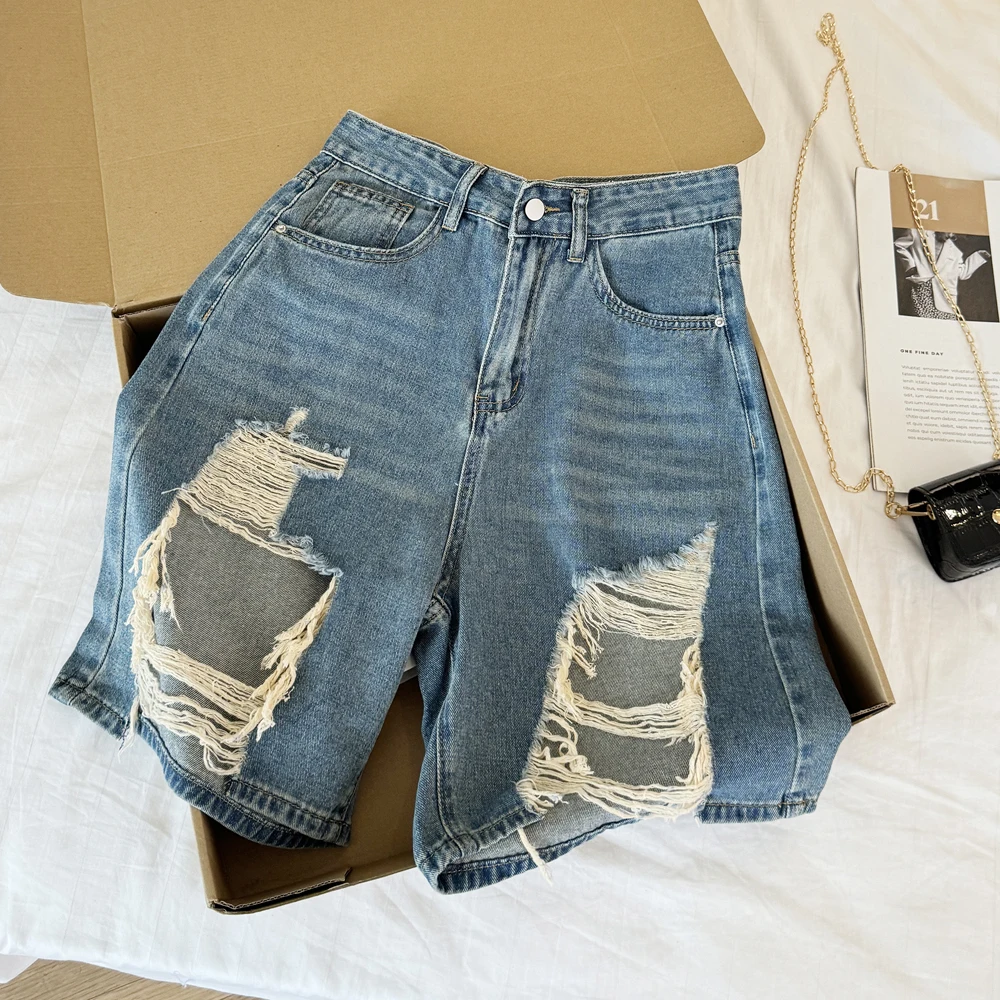 

Американские ретро-шорты из денима с дырками, женские, с низкой посадкой, сексуальные, с открытым пупком, широкие шорты-бермуды