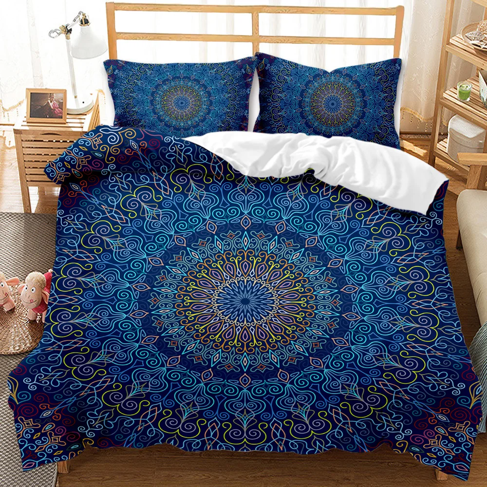 Bohemian Mandala Duvet Cover Set Twin Queen King Full Size,Blue Boho Chic Microfiber Bedding Set for Boys, Girls, Kids and Teens