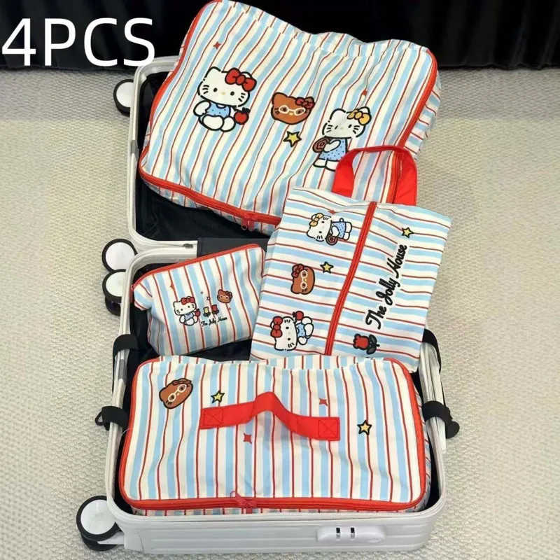 

4pcs Hellokitty Cute Travel Bag Set Waterproof Striped Storage Bag High Capacity Luggage Tote Bag Sanrio Makeup Bag Women