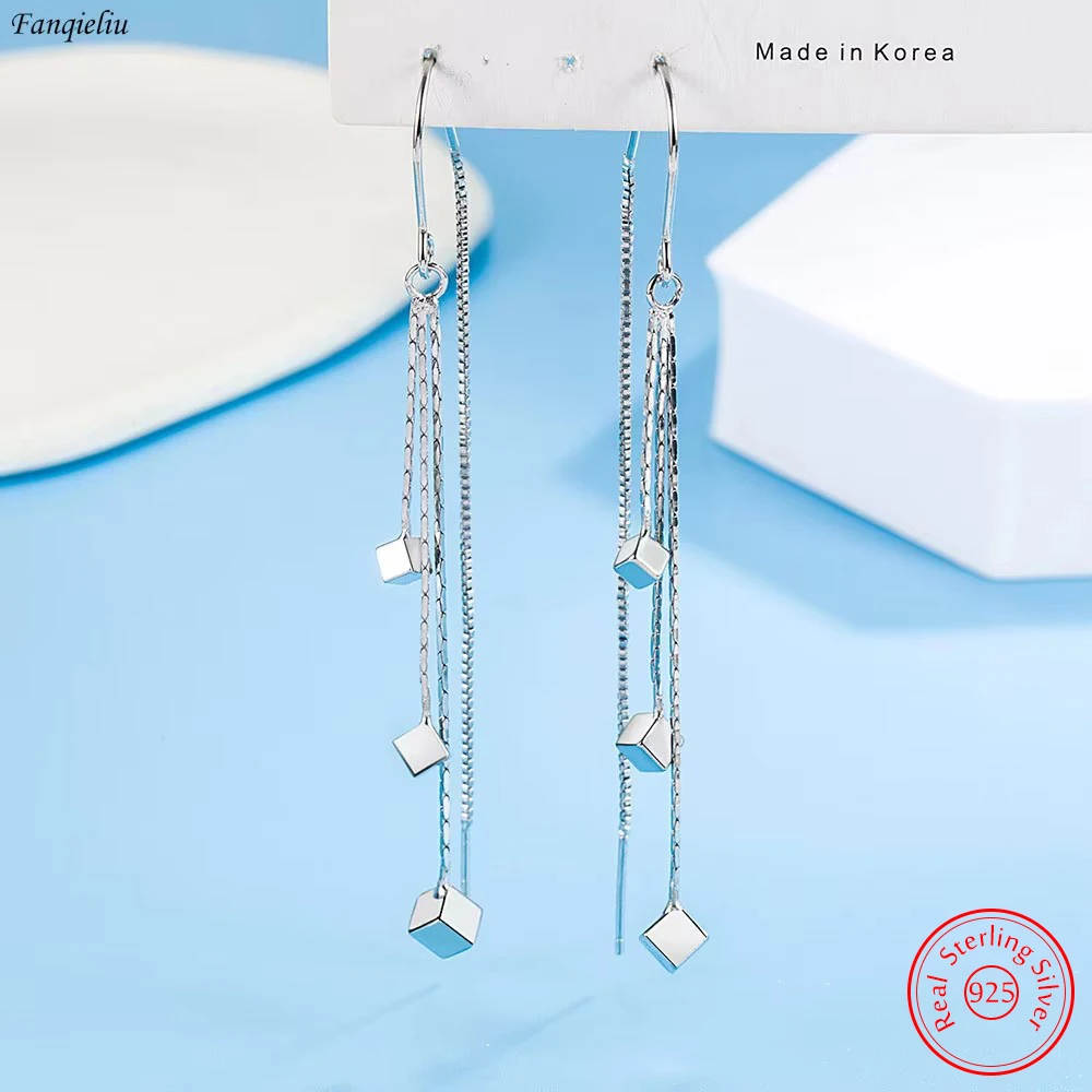 

Original New 925 Sterling Silver Jewelry Fashion 3 Layers Chain Long Square Drop Earrings For Women FQL23019