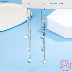 Original New 925 Sterling Silver Jewelry Fashion 3 Layers Chain Long Square Drop Earrings For Women FQL23019