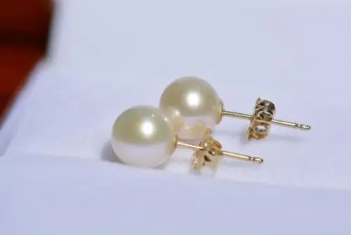 

NEW AAAA 9-10mm Real Natural South Sea White Pearl Earrings 14K YELLOW GOLD