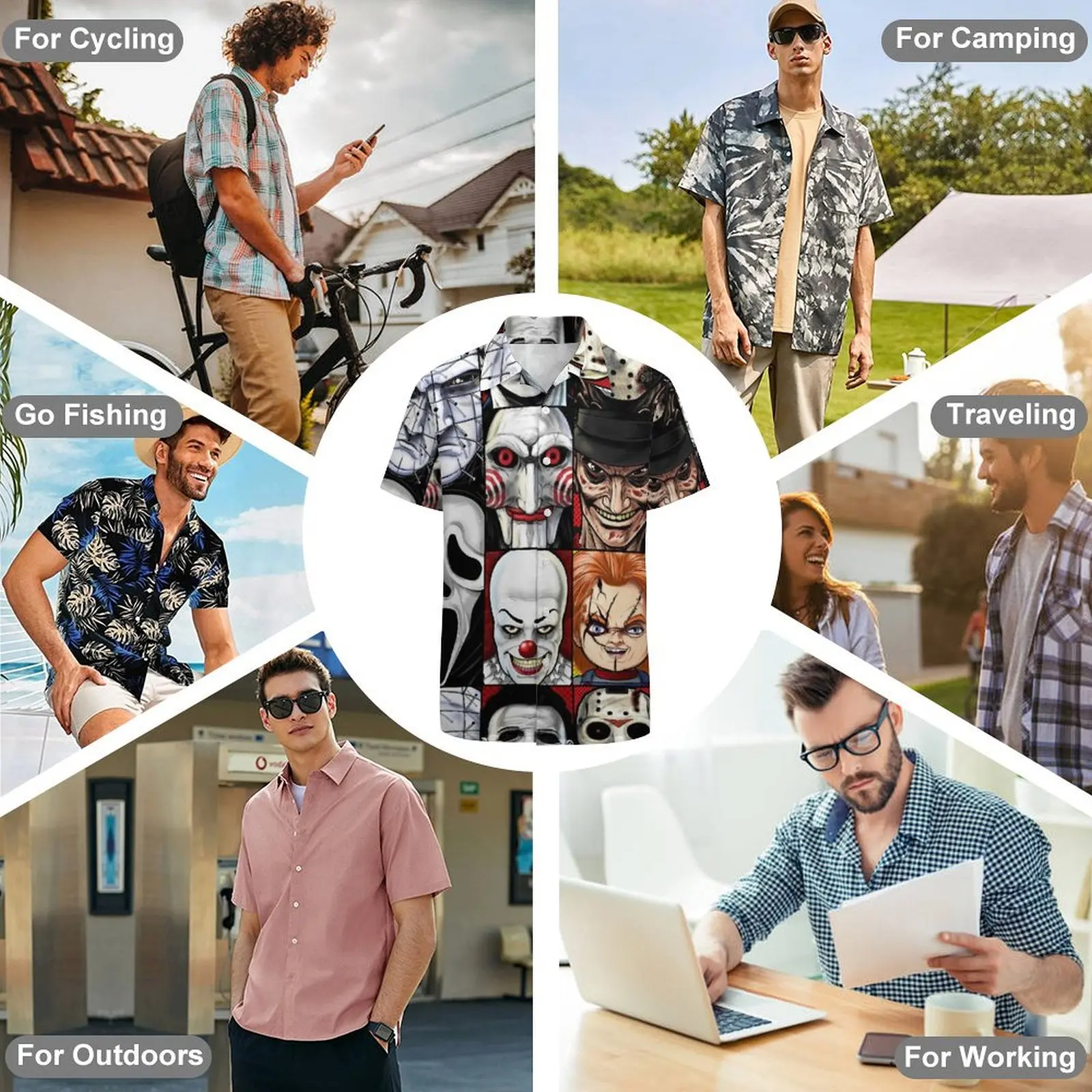 Men\'s Summer Fashion Micro Fear Illustration Breathable Loose Casual Single-Breasted Irregular Printed Short-Sleeved Shirt