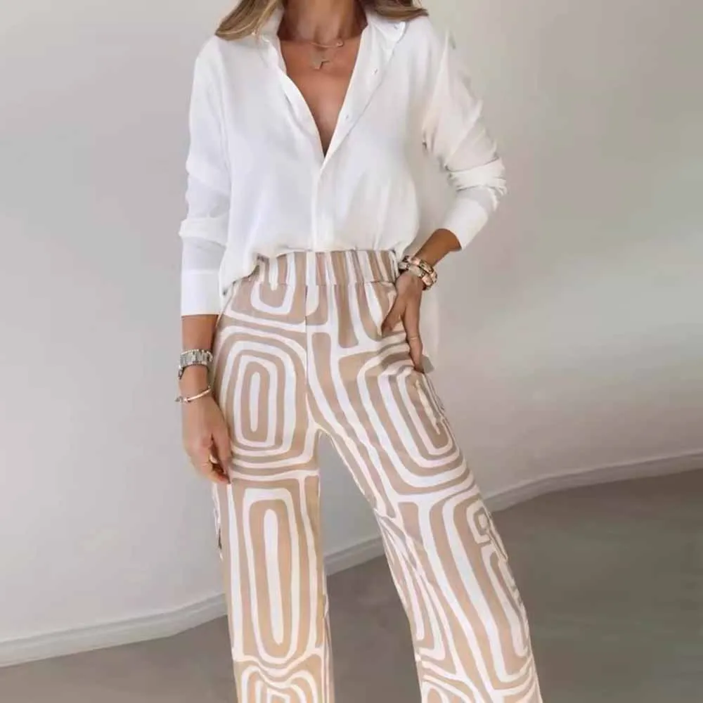 Women Print Two Piece Pant Sets Wide Leg Pants Office Blouse White Shirts Tops 2 Piece Set Office Loose Outfits With Belt