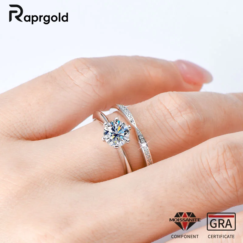 

RAPRGOLD GRA Certified 1ct Moissanite Ring Set for Women 925 Sterling Silver Engagement Rings Promise Wedding Band Jewelry Gifts
