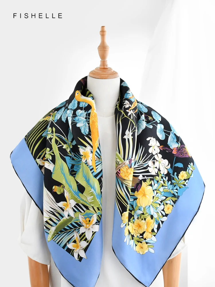 New blue border flower bird printed natural silk twill scarf women spring autumn real silk scarves ladies shawl luxury gifts