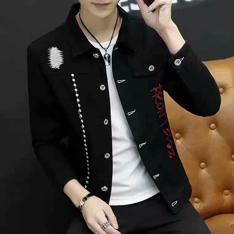 Spring Autumn Fashion Embroidery Letter Slim Cardigan Male Luxury Clothing Man Heavy Motorcycle Mens Coat Outerwear Denim Jacket