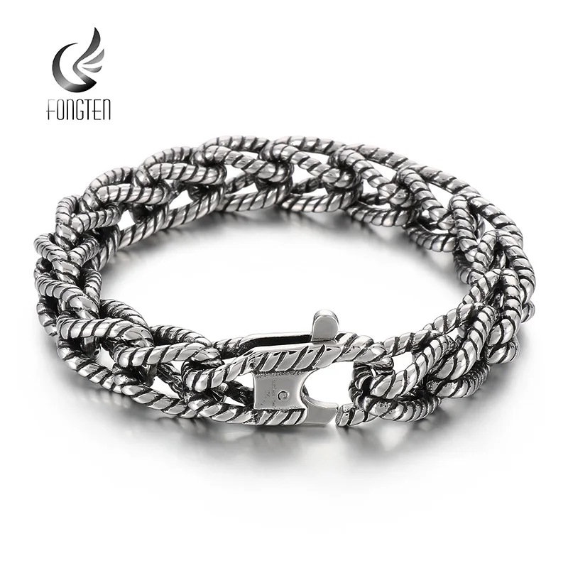 

Fongten 22cm Stripe Charm Bracelets For Men Stainless Steel Charm Snake Chain Bracelet Bangles Vintage Silver Color Male Jewelry